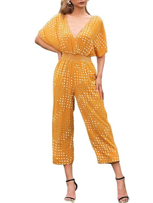 Women Wide Legs Rompers Dot Printed Half Sleeve High Waist Casual Holiday Jumpsuits-Layfoo