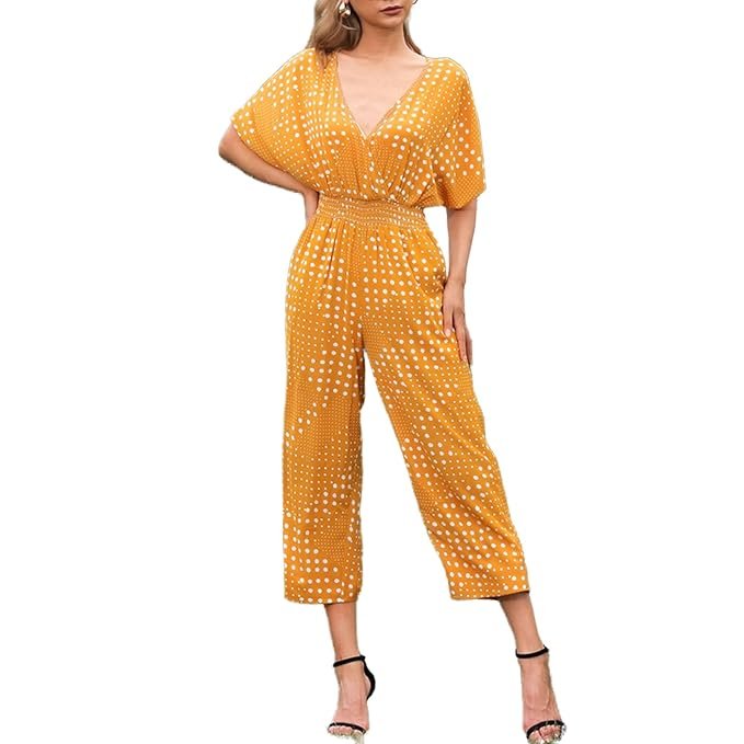 Women Wide Legs Rompers Dot Printed Half Sleeve High Waist Casual Holiday Jumpsuits-Layfoo