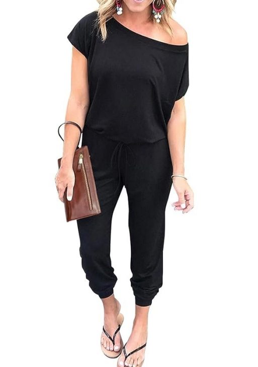PRETTYGARDEN Women Casual Short Sleeve One Shoulder Solid Waisted Long Jumpsuit Romper Black