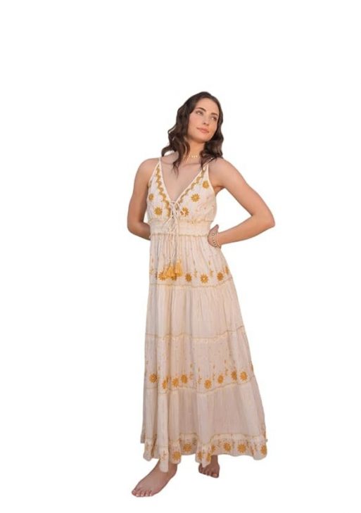 LABEL REYYA White and Gold Floral Embroidery Tiered Cotton Maxi Dress for Women