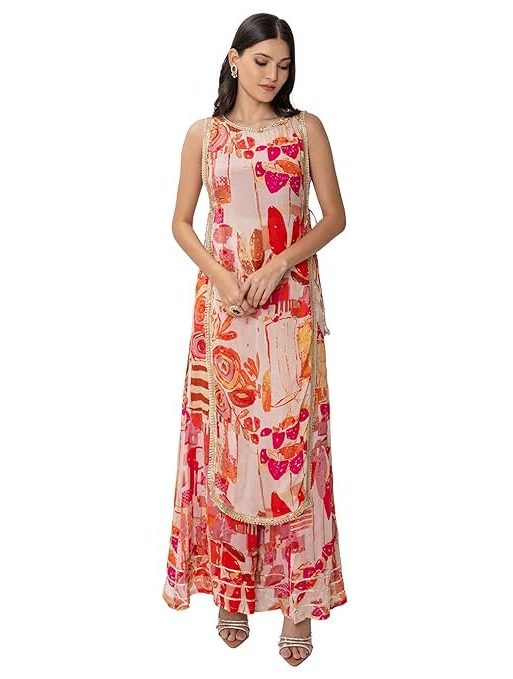 ZLAATA Pink 3 piece set for women | Long Shrug with Flared Pant and Inner Top | Sleeveless & Round Neck Design | Floral Print Co ord Set for Women | Pack of 1