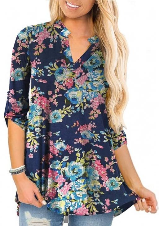 a.Jesdani Women's Plus Size Tops 3/4 Roll Sleeve Shirts V Neck Blouses Tunic Top