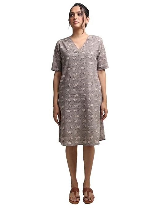 REEPEAT PRAGATI Women's Oak Brown Hand Block Printed V Neck Dress - Timeless Craftsmanship and Style Combined