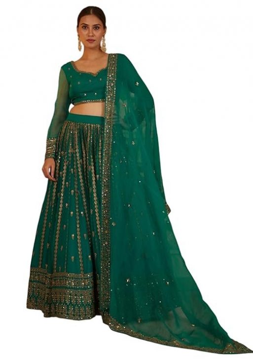 Zeel Clothing Women's Zari With Sequins Embroidered Work Organza Designer Lehenga Choli with Dupatta