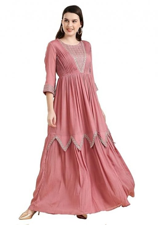Madhuram Women's Chinon Chiffon Traditional Ethnic Long Western Dress with Embroidery Work Long Kurta(M-2361)
