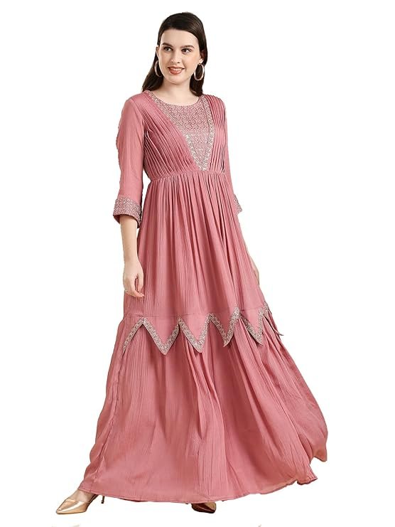 Madhuram Women's Chinon Chiffon Traditional Ethnic Long Western Dress with Embroidery Work Long Kurta(M-2361)