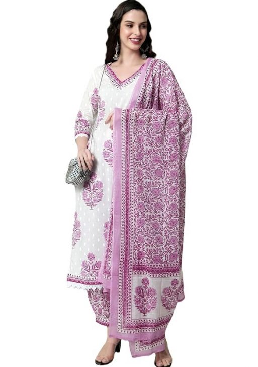 Arayna Women's Cotton Printed Floral Straight Kurta with Palazzo Pants and Dupatta