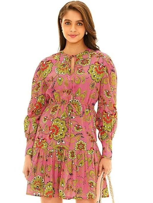 PRETTY PIXIE Women's Movement Short Dress – Paradise Pink | Cotton, Round Neck, Relaxed Fit | Stylish & Comfortable Casual Wear | Dress for Woman