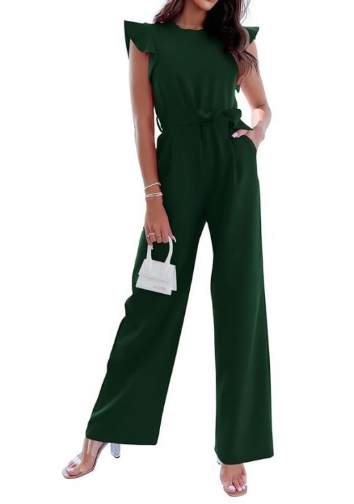 BTFBM Women Jumpsuits Crew Neck Ruffle Cap Sleeve Belted High Waist Wide Leg Romper with Pockets One Piece Casual Outfits