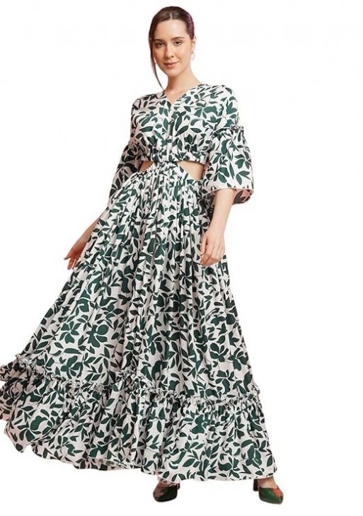 UK URBAN KOMFORT Women Stylish Cutwork Printed Design Puff Sleeve One Piece Layered Long Dress