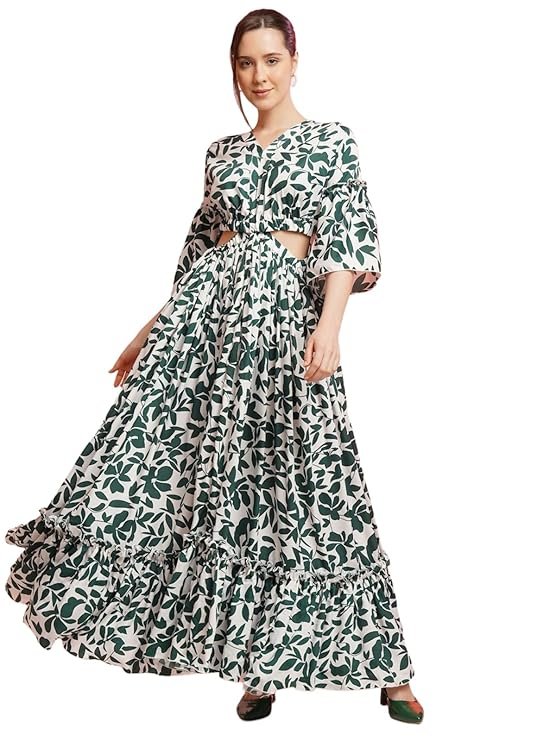 UK URBAN KOMFORT Women Stylish Cutwork Printed Design Puff Sleeve One Piece Layered Long Dress