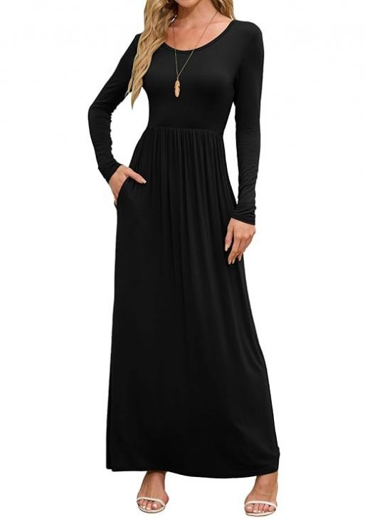 Women's Long Sleeve Round Neck Maxi Casual Long Dresses Black Small