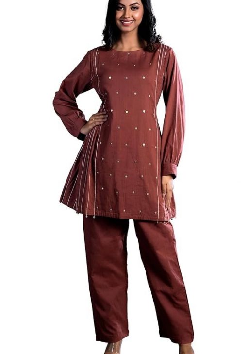Avaan Cotton Cord Set Dress for Women, Cord Dress for Women Stylish, Rust Color Dress for Women, Straight Tunic with Trousers