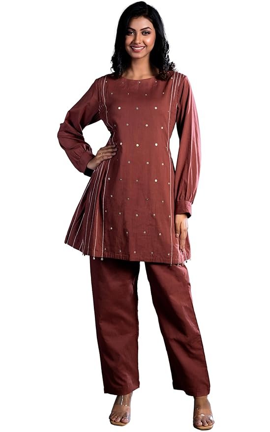 Avaan Cotton Cord Set Dress for Women, Cord Dress for Women Stylish, Rust Color Dress for Women, Straight Tunic with Trousers
