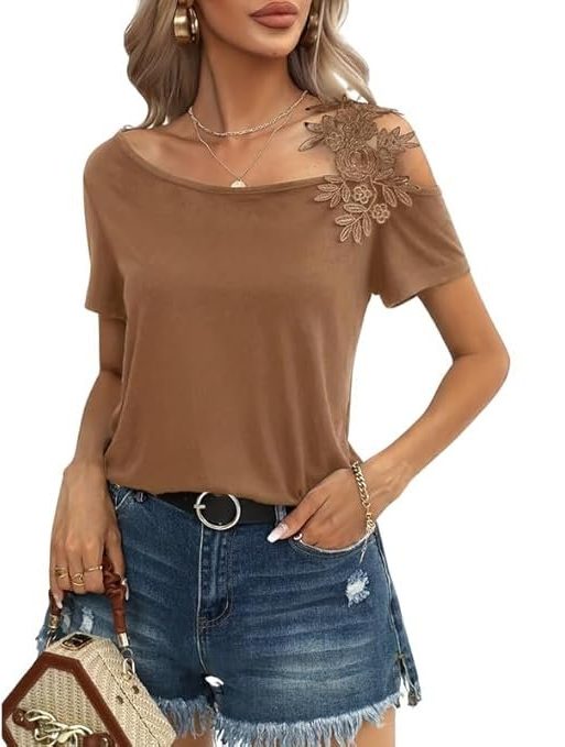 MIPPO® Women’s Cold Shoulder Top with Asymmetrical Cut-Out Lace & Casual Short Sleeves