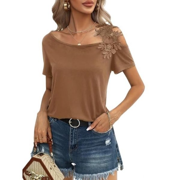 MIPPO® Women’s Cold Shoulder Top with Asymmetrical Cut-Out Lace & Casual Short Sleeves