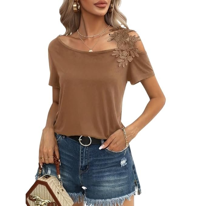 MIPPO® Women’s Cold Shoulder Top with Asymmetrical Cut-Out Lace & Casual Short Sleeves