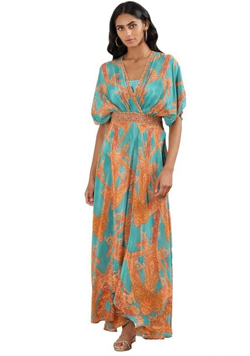 Teal Printed Kaftan Dress with Bustier