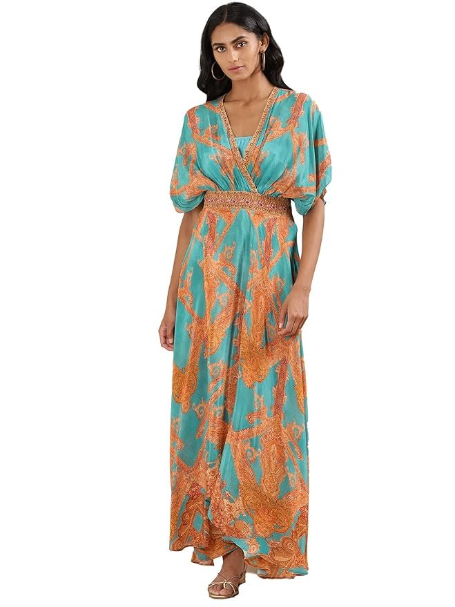Teal Printed Kaftan Dress with Bustier