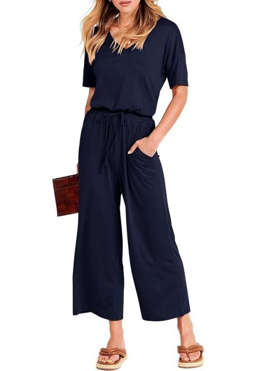 ANRABESS Women's Summer Solid Jumpsuit V Neck Casual Loose Short Sleeve Jumpsuit Rompers Playsuits CVzangqing-M WFF15 Navy Blue