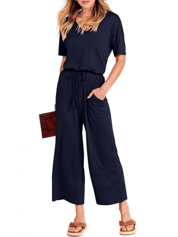 ANRABESS Women's Summer Solid Jumpsuit V Neck Casual Loose Short Sleeve Jumpsuit Rompers Playsuits CVzangqing-M WFF15 Navy Blue