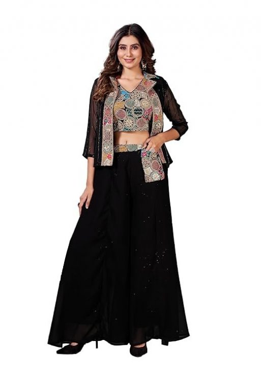 ROYALICA Women's readymade Black Indowestern lehenga choli with shrug.