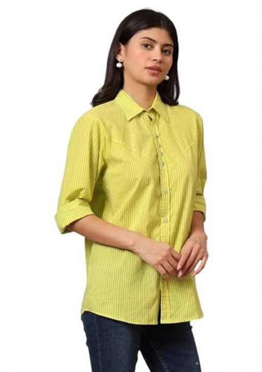 FABRIC FITOOR Womens Jaipuri Pure Cotton Greenish Color Spread Collar Straight Fit Casual Shirt