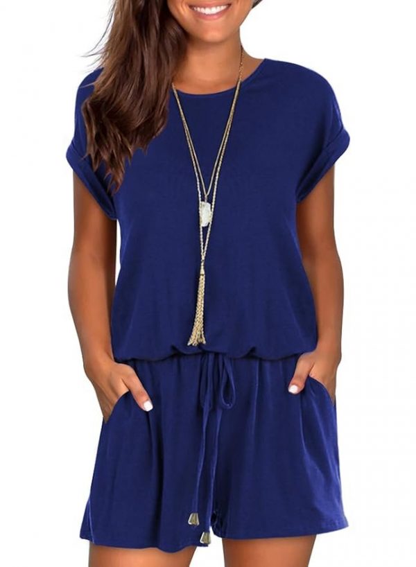 Womens Summer Cute Front Tie Short Jumpsuits Rompers with Pockets, Navy Blue, Small