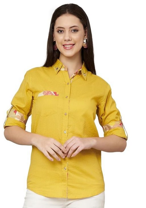 FABRIC FITOOR Womens Jaipuri Pure Cotton Mustard Yellow Color Spread Collar Straight Fit Casual Shirt