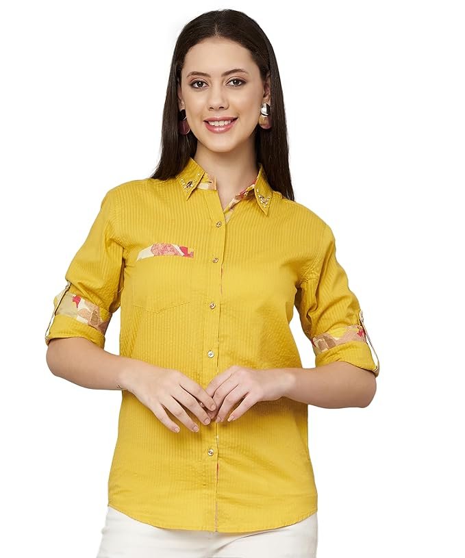 FABRIC FITOOR Womens Jaipuri Pure Cotton Mustard Yellow Color Spread Collar Straight Fit Casual Shirt