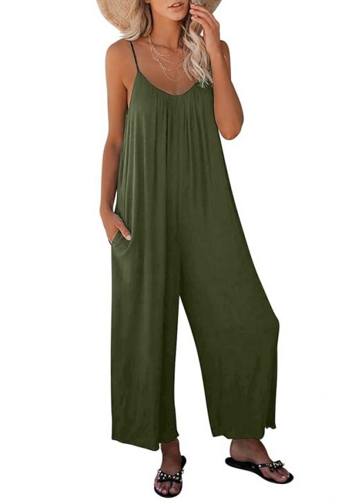 Dokotoo Women's Loose Plus Size Jumpsuits for Women Adjustable Spaghetti Strap Stretchy Wide Leg Solid One Piece Sleeveless Long Pant Romper Jumpsuit with Pockets Green Large