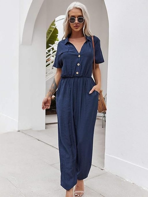 Decdeal Fashion Women Summer Solid Color Jumpsuit Turn-Down Collar Short Sleeve Button Pocket Casual Playsuit