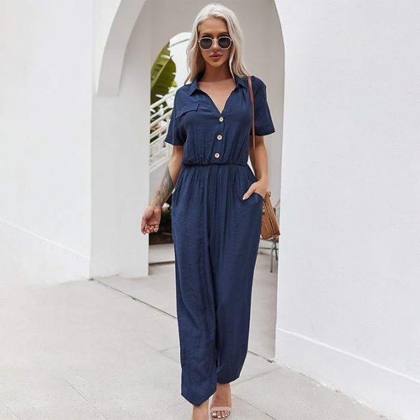 Decdeal Fashion Women Summer Solid Color Jumpsuit Turn-Down Collar Short Sleeve Button Pocket Casual Playsuit