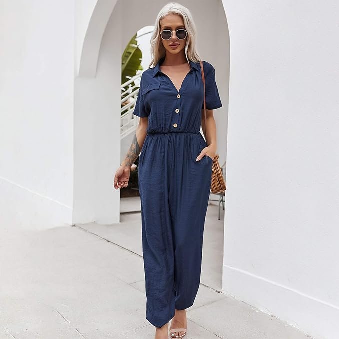 Decdeal Fashion Women Summer Solid Color Jumpsuit Turn-Down Collar Short Sleeve Button Pocket Casual Playsuit
