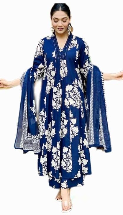 Women's Jaipur Hand Block Print Navy Blue Kurta and Pant Set with Printed Dupatta (New Launch, Comfortable Cotton Fabric, Festive, Size)