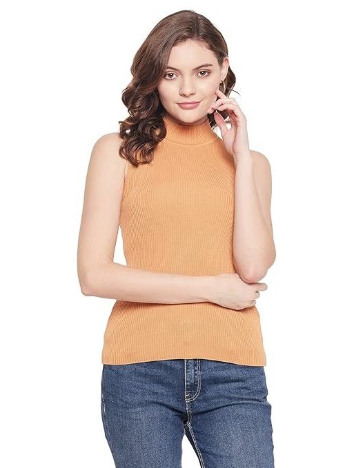 98 North Women Mustard Self Design High Neck Sweater-G1135-MUSTARD