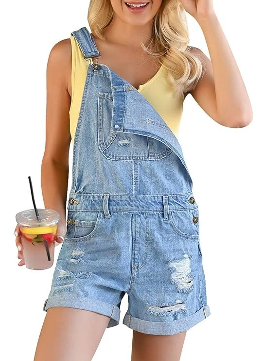 luvamia Women's Ripped Short Overalls Adjustable Denim Bib Overall Shorts Romper