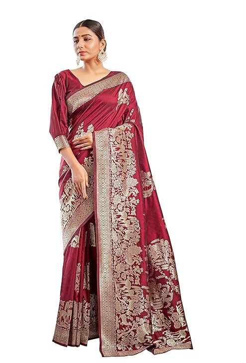 Monjolika Fashion Women's Banarasi Silk Saree in Satin and traditional golden zari work comes with Unstitched Blouse Piece