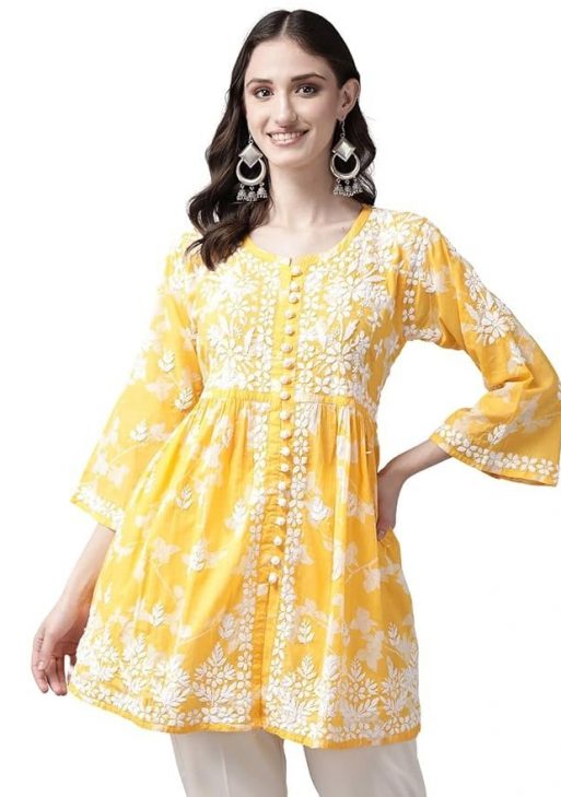 Ada Hand Embroidered Lucknow Chikankari Cotton Blend Floral Short Kurti Regular Fit Top Tunic For Women A911265