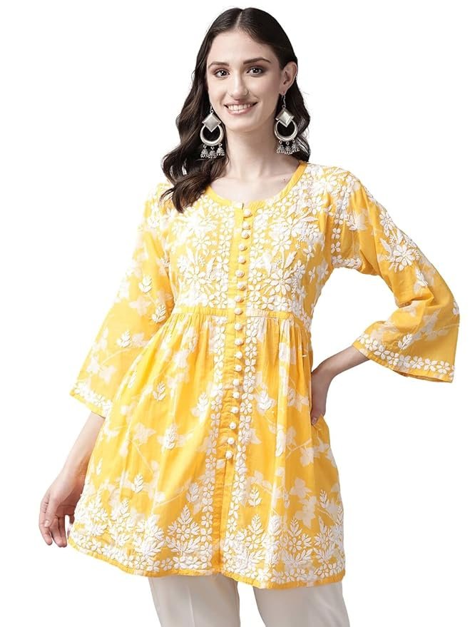 Ada Hand Embroidered Lucknow Chikankari Cotton Blend Floral Short Kurti Regular Fit Top Tunic For Women A911265