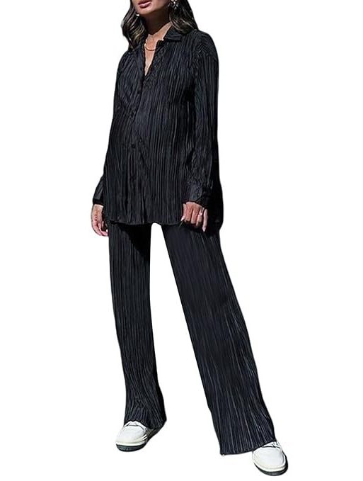 NUFIWI Women Y2K 2 Piece Pants Set Oversized Floral Printed Button Down Shirt High Waist Pants Outfits Summer Streetwear, Solid Black, Medium