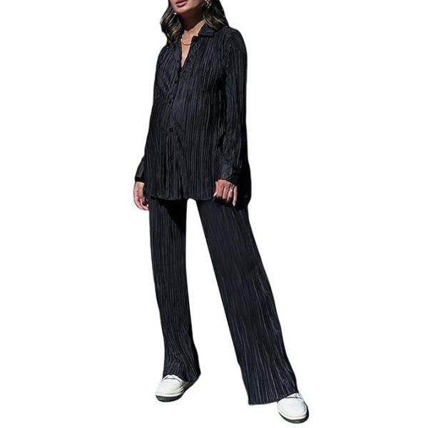 NUFIWI Women Y2K 2 Piece Pants Set Oversized Floral Printed Button Down Shirt High Waist Pants Outfits Summer Streetwear, Solid Black, Medium