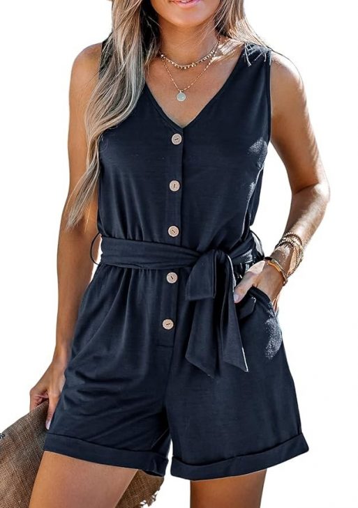 CUPSHE Women's V Neck Belted Button Romper Sleeveless Short Jumpsuit Rolled Pants Outfit