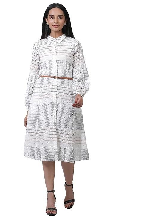 W for Woman White Striped Print Cotton Straight Dress