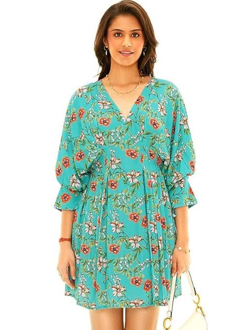 PRETTY PIXIE Women's Short Dress Orchid – Caribbean Jade | Cotton, V-Neck, Relaxed Fit | Trendy Casual Summer, Beach & Vacation Essential | Dress for Woman