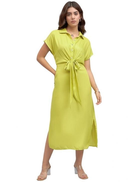 DL Woman Solid Shirt Collar Belted Midi Dress