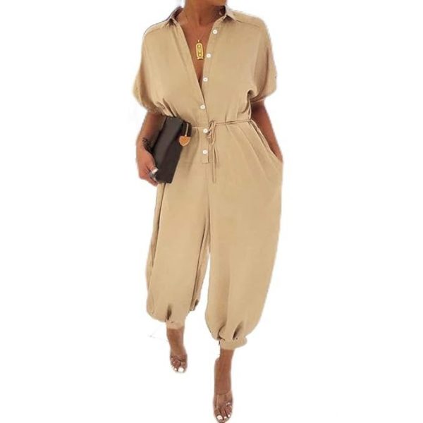 Women Plus Size Jumpsuit Solid Leopard Printed Pockets Buttons Front Belted Waist Casual Loose Rompers S-5XL-Layfoo