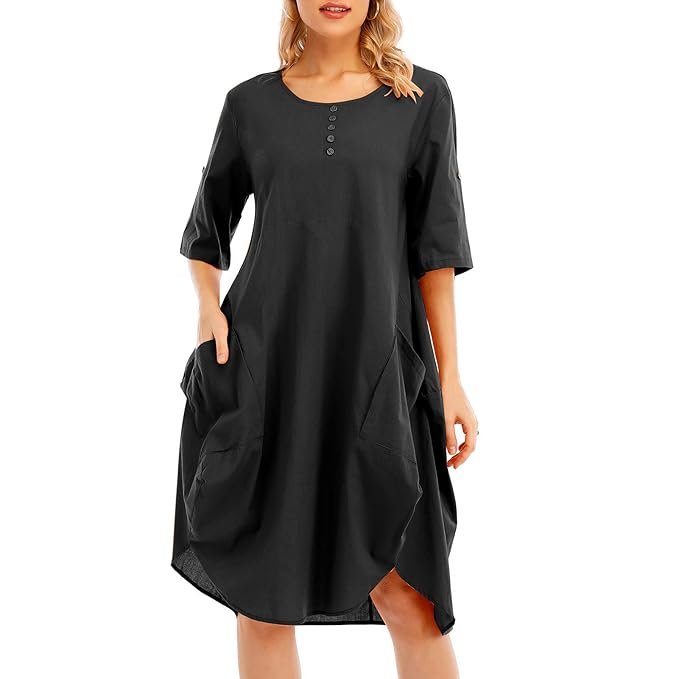 Belity Women Tunic Dress Roll-up Short Sleeve Comfortable Cotton Pockets Irregular Hem Solid Baggy Midi Dress