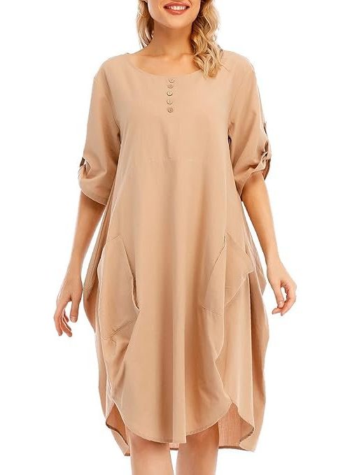 Belity Women Tunic Dress Roll-up Short Sleeve Comfortable Cotton Pockets Irregular Hem Solid Baggy Midi Dress