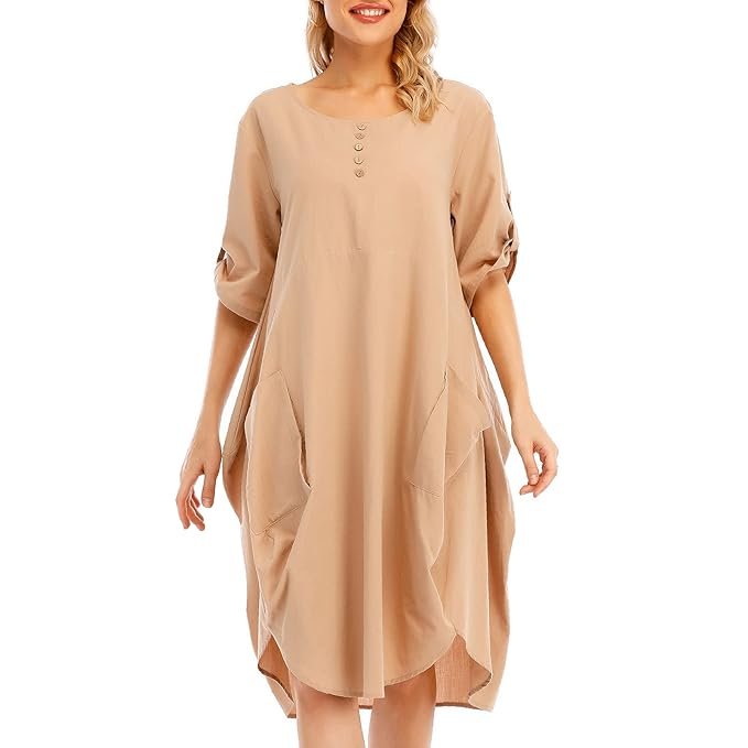 Belity Women Tunic Dress Roll-up Short Sleeve Comfortable Cotton Pockets Irregular Hem Solid Baggy Midi Dress